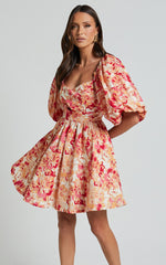 Amalie The Label - Penelopia Linen Look Blend Puff Sleeve Twist Bodice Mini Dress in Sienna Print