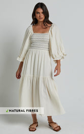 Bellenie Midi Dress - 3/4 Puff Sleeve Square Neck Smock Bodice Tiered Dress in Natural