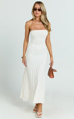 Paris Midi Dress - Strapless Drop Waist Pleated Knit Dress in White