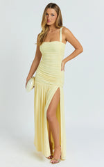 Cardi Maxi Dress - Ruched Mesh High Leg Split Dress in Lemon