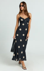 Analy Midi Dress - V Neck Mesh Dress in Black Polkadot
