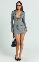 Jamaica Mini Dress - Cut Out Ruched Tie Front Fitted Blazer Dress in Grey