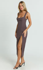 Aretha Midi Dress - Square Neckline High Split Dress in Mocha