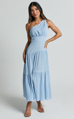 Celestia Midi Dress - Tiered One Shoulder Dress in Soft Blue