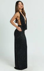 Felix Maxi Dress - Low Cowl Neck Bodycon Tie Back Dress in Black