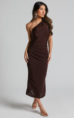 Arietty Midi Dress - One Shoulder Asymmetrical Ruched Dress in Chocolate