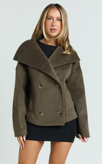 Yasmine Coat - Double Breasted High Neck Short Wool Like Coat in Mink