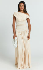 Yvonne Maxi Dress - Jersey Tip Shoulder Ruched Dress in Off White