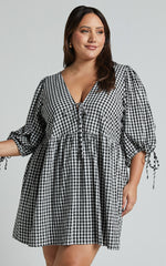 Rosita Mini Dress - Tie Front Puff Sleeve Dress in Black and White Check