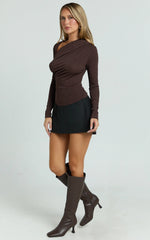 Hillary Top - Asymmetric Ruched Side Jersey Top in Chocolate Brown
