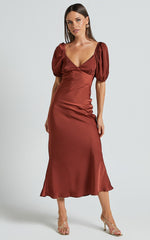 Catiana Midi Dress - V Neck Short Puff Sleeve Slip Dress in Chocolate