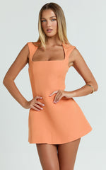 Sakura Mini Dress - Square Neck Wide Strap Corset Waist A Line Skirt Dress in Orange