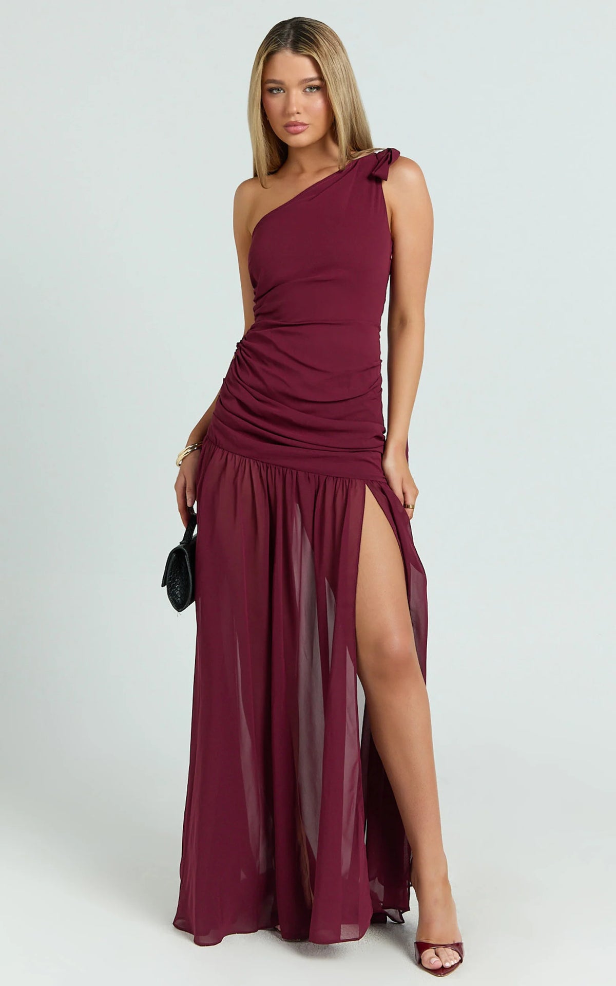 Behati Maxi Dress - One Shoulder Cut Out Fit And Flare Dress in Wine