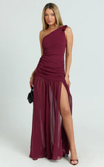 Behati Maxi Dress - One Shoulder Cut Out Fit And Flare Dress in Wine