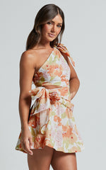 Zaria Mini Dress - Asymmetric Cut Out Tie Waist Dress in Orange Floral