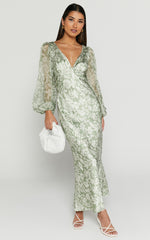 Freollyn Midi Dress - Deep V Neck Long Sleeve Dress in Sage