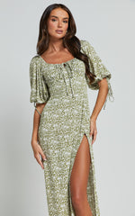 Rosario Midi Dress - Ruched Bust Puff Sleeve Dress in Olive Floral
