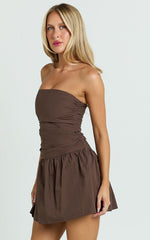 Donatella Mini Dress - Strapless Drop Waist Dress in Chocolate