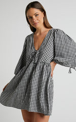 Rosita Mini Dress - Tie Front Puff Sleeve Dress in Black and White Check
