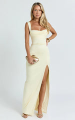 Donna Maxi Dress - Cowl Neck Column High Split Dress in Lemon