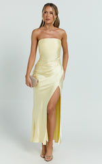 Glenda Midi Dress - Satin Strapless Side Split Dress in Lemon
