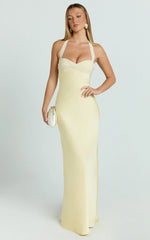 Flynn Maxi Dress - Satin Halter Sweetheart Neck Dress in Butter Yellow