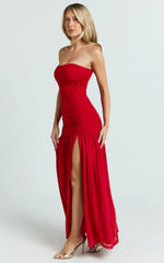 Cardi Maxi Dress - Ruched Mesh High Leg Split Dress in Red