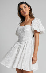 Esthela Mini Dress - Embroidered Square Neck Short Puff Sleeve Corset in White Floral