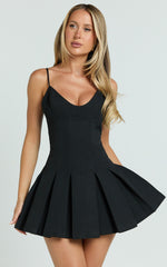 Samara Mini Dress - V Neck Fit And Flare Pleated Dress in Black