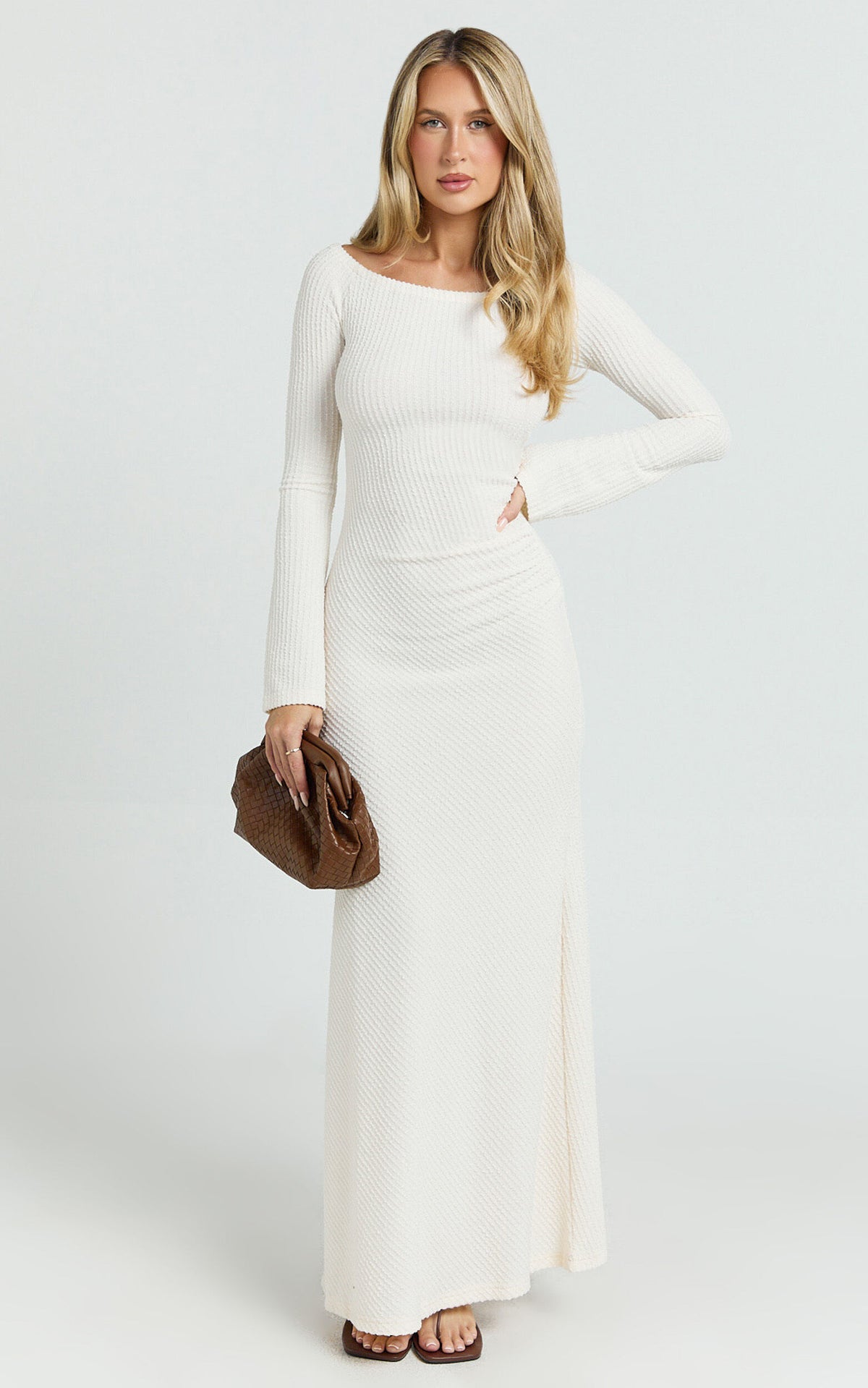 Ayla Maxi Dress - Off Shoulder Flared Sleeve Bodycon Dress in Off White