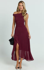 Judee Midi Dress - One Shoulder High Side Split Dress in Wine