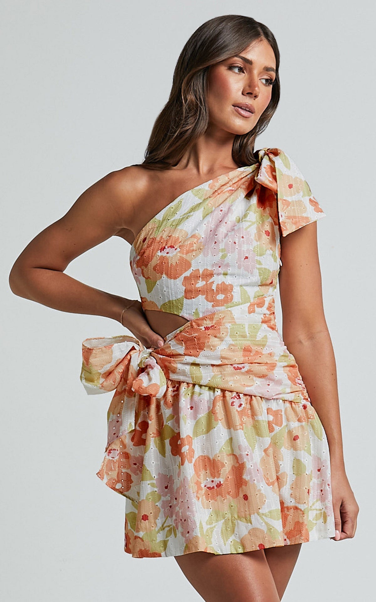 Zaria Mini Dress - Asymmetric Cut Out Tie Waist Dress in Orange Floral