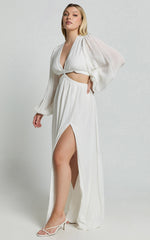 Paige Maxi Dress - Side Cut Out Balloon Sleeve Dress in White