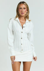 Rhylee Mini Dress - Collared Button Front Bodycon Shirt Dress in White