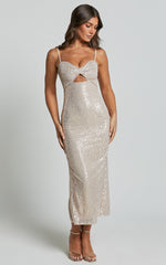 Agatha Maxi Dress - Sequin Twist Front Cut Out Dress in Gold