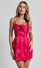Amberle Mini Dress - Strappy Rosette Detail Bodice Dress in Raspberry