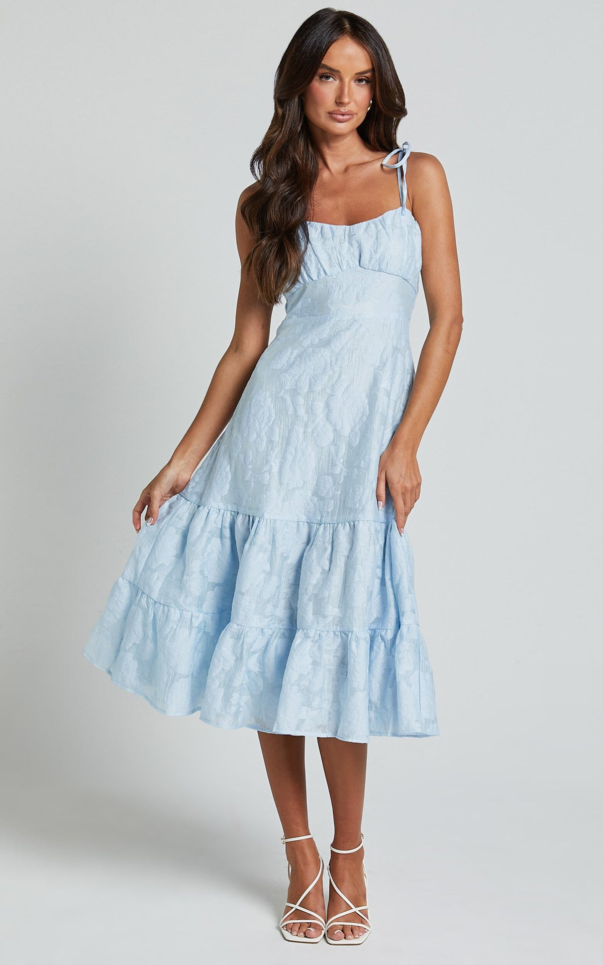 Jovena Midi Dress - Gathered Bodice Tiered Dress in Blue