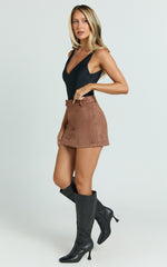 Priscilla Mini Skirt - Mid Waist Faux Suede Skirt in Brown Tan