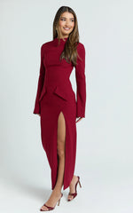 Finley Midi Dress - High Neck Long Sleeve Leg Split Bodycon Dress in Burgundy