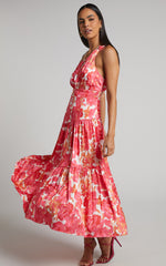 Georgine Midi Dress - One Shoulder Ruched Tiered Dress in Peony Blossom