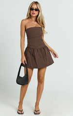 Donatella Mini Dress - Strapless Drop Waist Dress in Chocolate