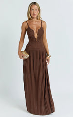 Hathaway Maxi Dress - U Shaped Neck Pleated Dress in Chocolate