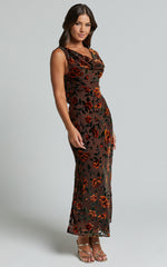 Stephania Midi Dress - Cowl Neck Low Back Burnout Slip Dress in Chocolate