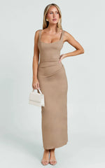 Benita Midi Dress - Scoop Neck Ruched Fitted Dress in Mocha