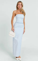 Jamie Midi Dress - Strapless Ruched Fitted Column Dress in Blue