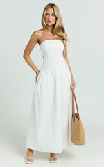 Mikkie Midi Dress - Strapless Drop Waist Side Detailing Dress in White