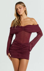 Rumi Mini Dress - Glitter Tulle Off Shoulder Ruched Dress in Wine