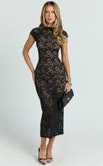 Emma Midi Dress - Lace Cap Sleeve Bodycon Dress in Black