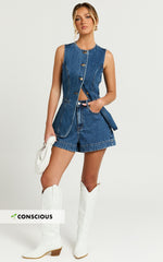 Rhianna Shorts - Mid Waist Recycled Denim Shorts in Dark Blue Wash