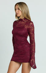 Dexter Mini Dress - Lace Frill Sleeve High Neck Dress in Wine
